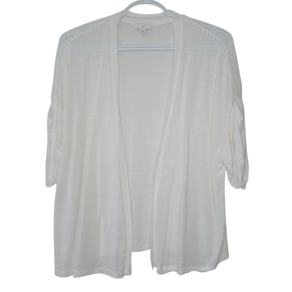 J Jill Linen Blend Open Front Cardigan White Womens Size M Short Sleeve Summer